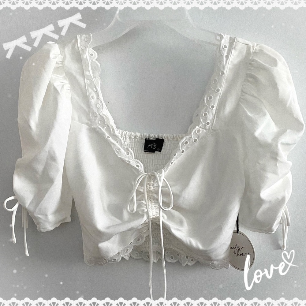 Milk & Honey eyelet puff sleeve crop top w/ drawstring, white